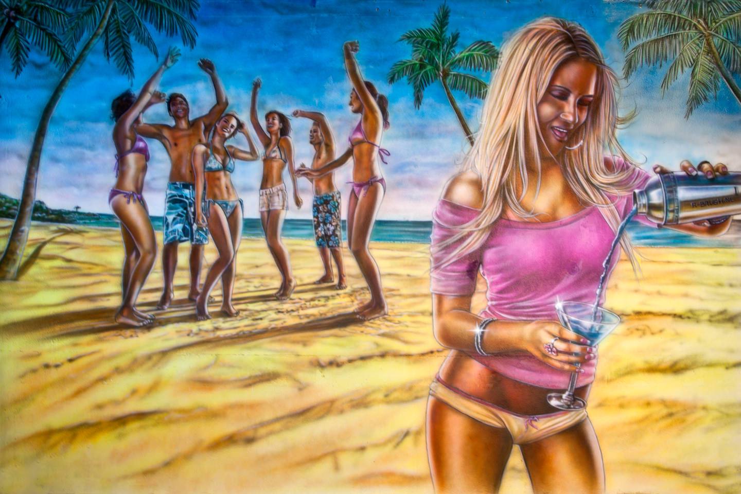 Muurschilderingen coctail, party, strand bij BAJA beachclub Rotterdam