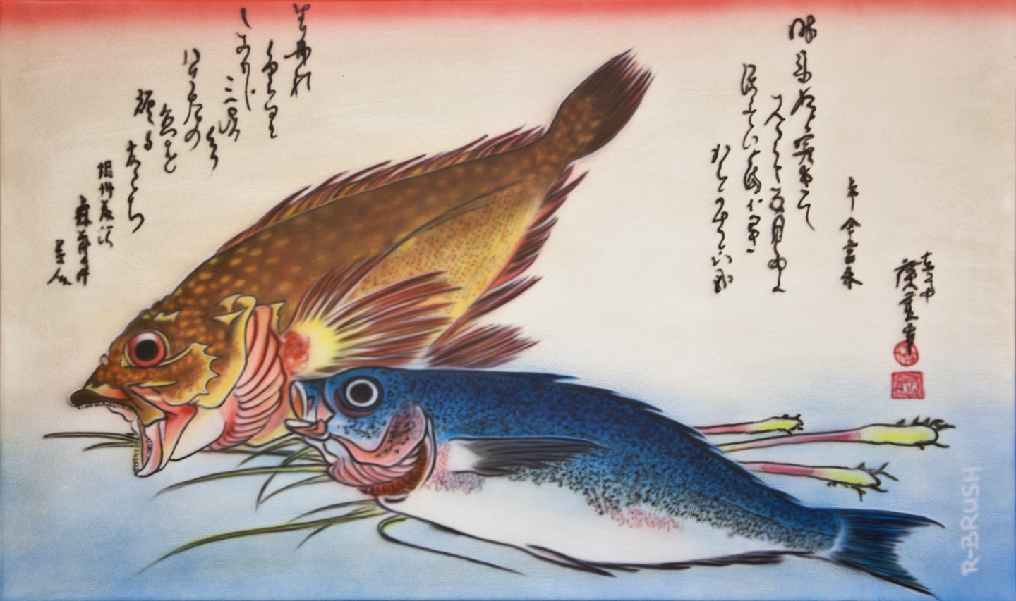 Japanse prent schilderij met vissen op canvas