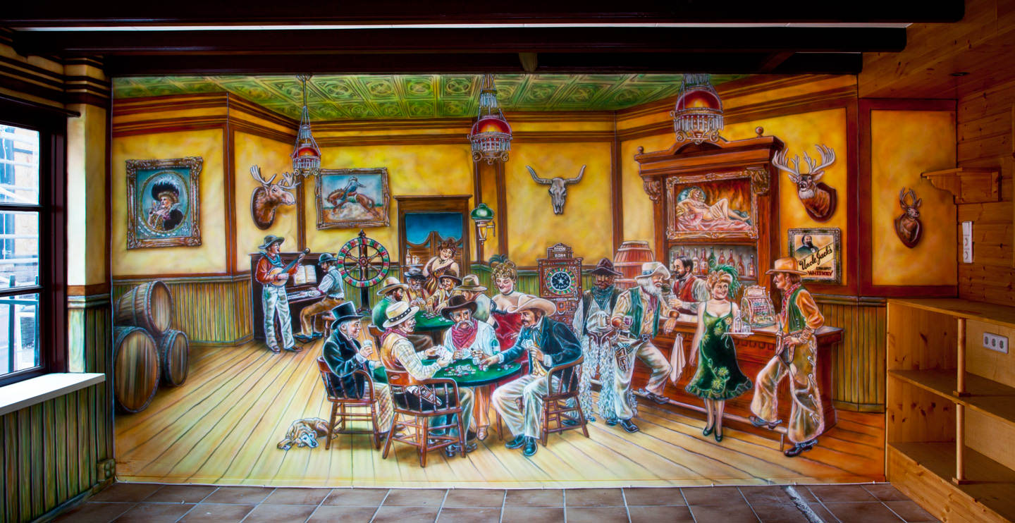 Western saloon muurschildering met cowboys