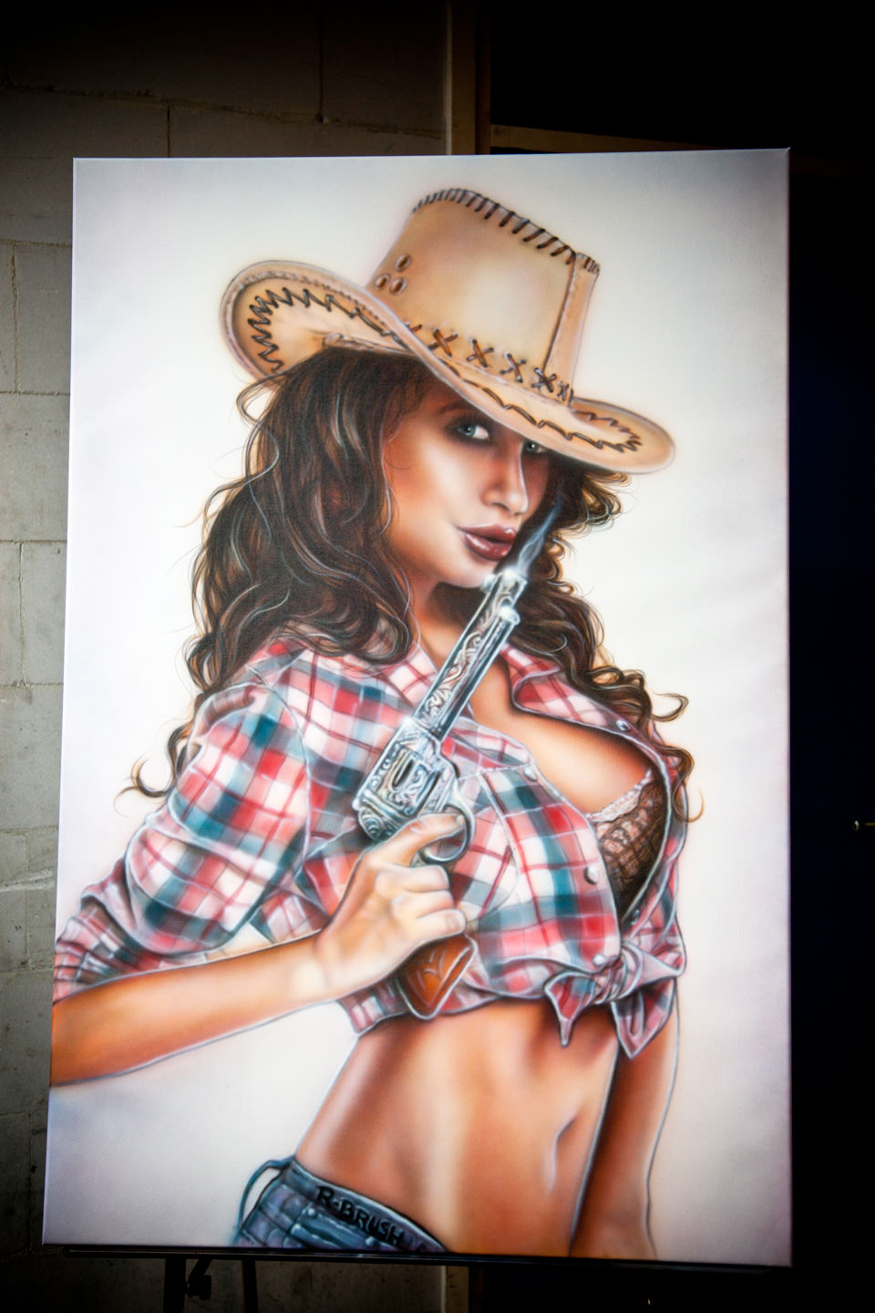 Amerikaanse cowgirl airbrush demo schilderij bij circuit Zandvoort
