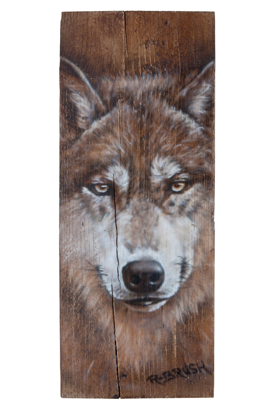 Wolf steigerhout plank airbrush schilderij van wolvenkop