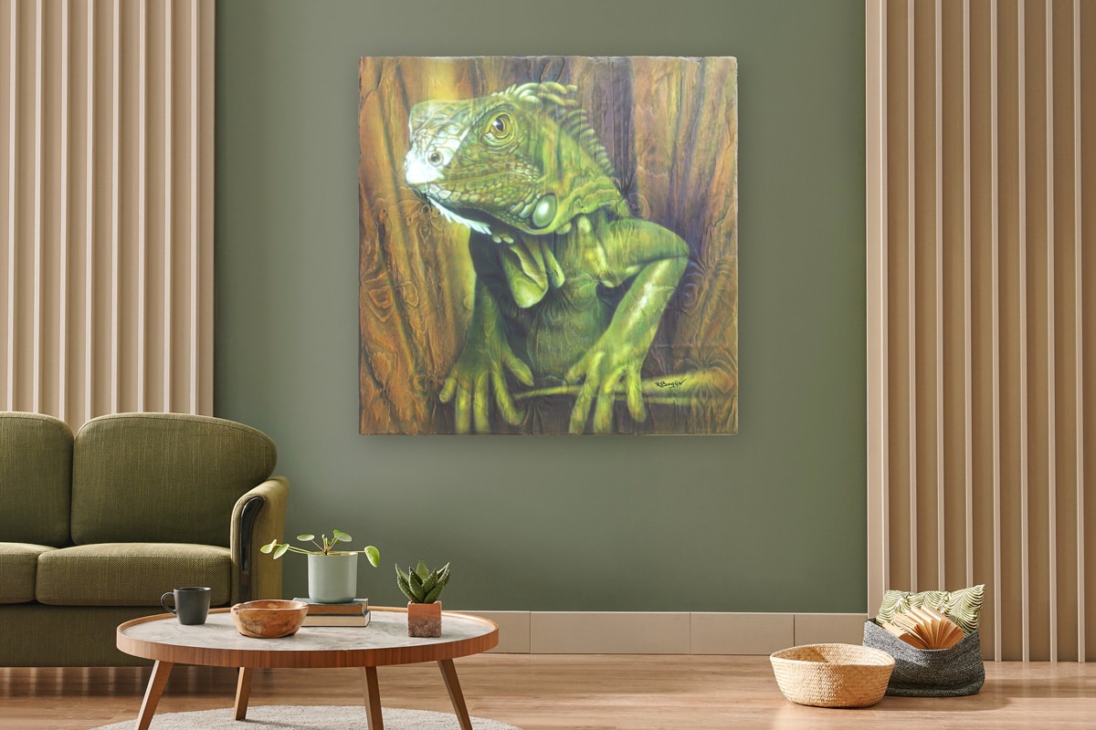 Airbrush schilderij van groene leguaan in mockup setting
