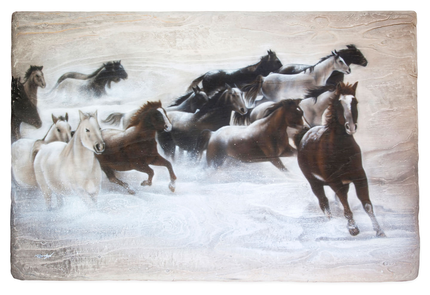 Paarden in de sneeuw airbrush schilderij, gemaakt op multiplex plaat.