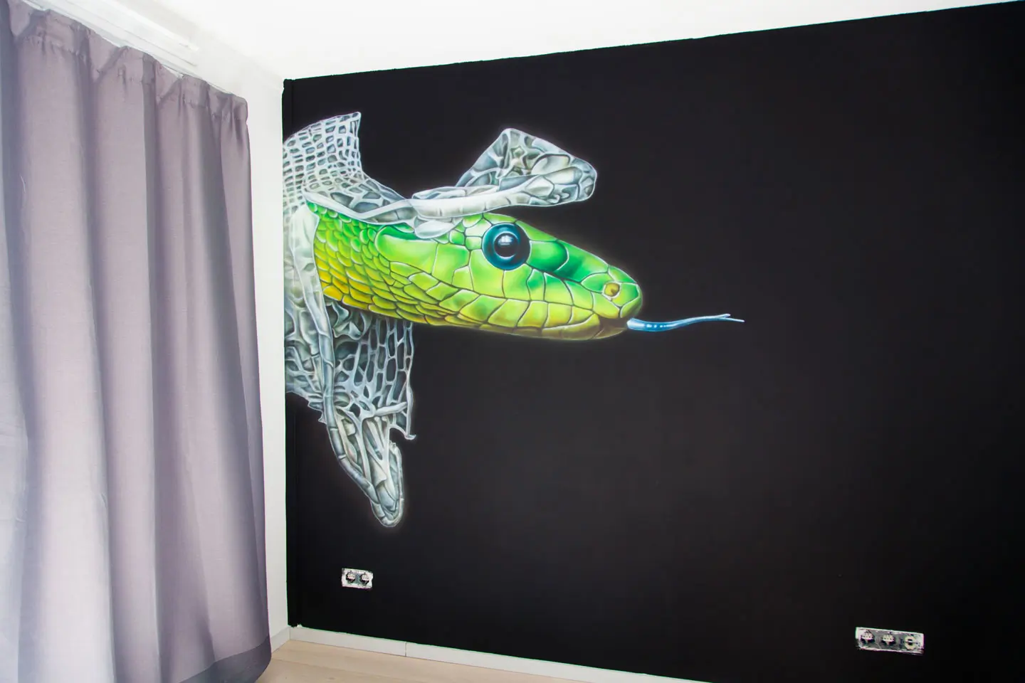 Vervellende slang airbrush muurschildering in tienerkamer